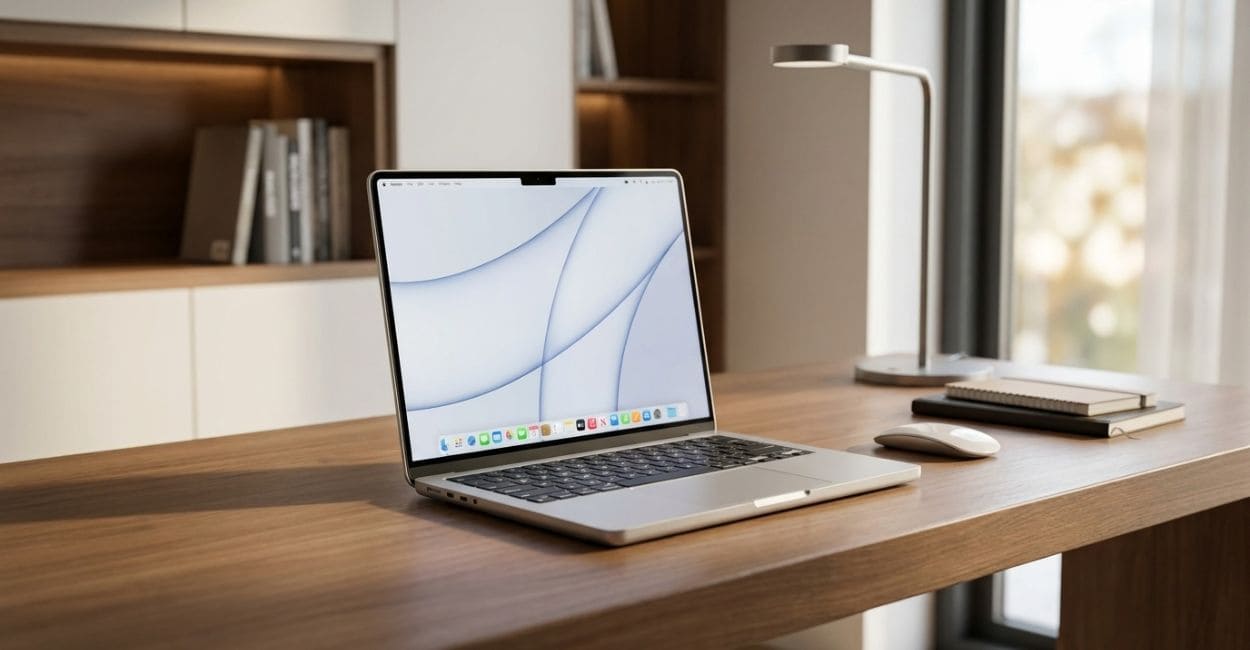 Notebook aberto sobre uma mesa de madeira, com um abajur, um mouse e cadernos ao lado