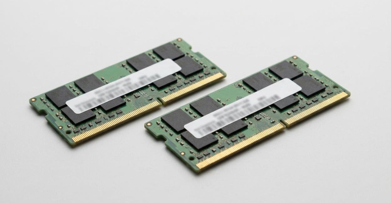 Dois módulos de memória RAM para notebook sobre uma superfície clara