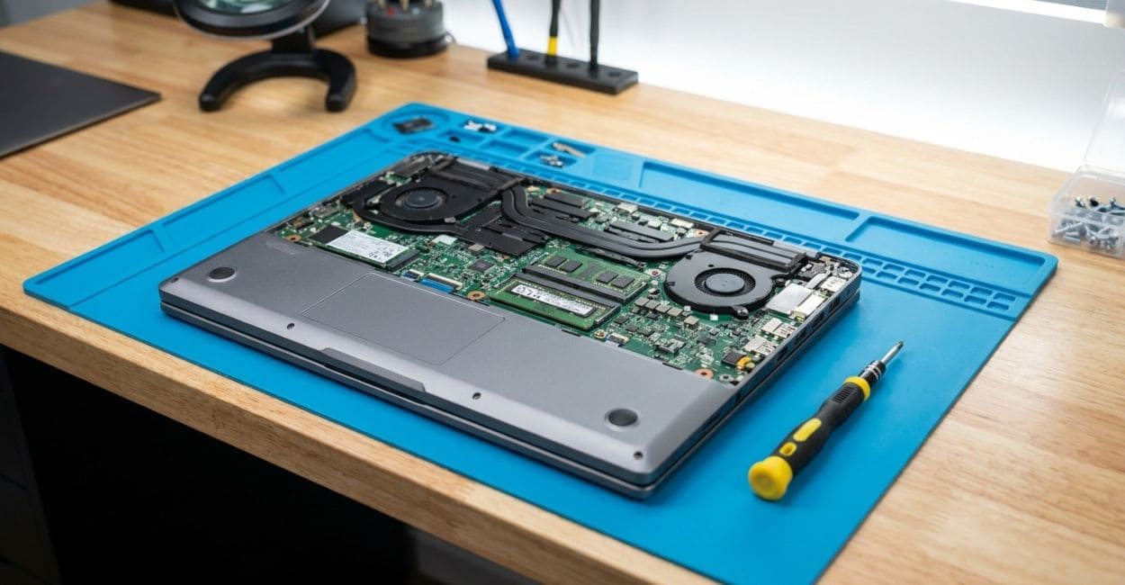 Notebook com a tampa traseira aberta sobre um tapete azul, mostrando a placa, os ventiladores e a memória RAM