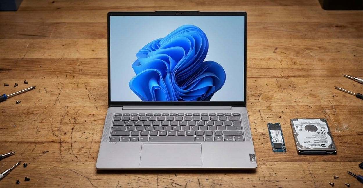 Notebook aberto sobre uma bancada de madeira, com um SSD M.2 e um HD de 2,5 polegadas ao lado e parafusos e chaves de fenda ao redor