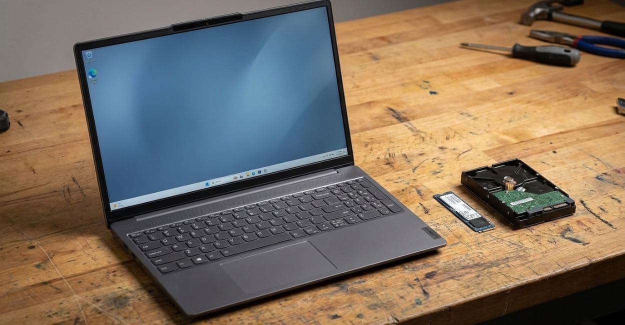 Notebook aberto ao lado de um SSD M.2 e de um HD aberto sobre uma bancada de madeira, com ferramentas ao fundo